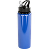 A drink bottle in vibrant blue, made of recycled stainless steel, featuring a straw and a black cap.