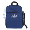 A navy blue backpack with a logo, a water bottle in a side pocket, and a white towel attached.