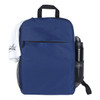 A navy backpack with a front zip pocket, a towel draped over the top, and a drink bottle in a side mesh pocket.