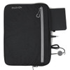 A black organiser featuring a zip pocket, a notebook, a pen, and a cord for headphones. It has a logo.