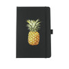 A black notebook featuring a pineapple illustration on the front cover. It has a strap closure and a ribbon marker.