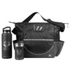 A black carry bag with a shoulder strap, a drink bottle, and a cup, all featuring a logo.