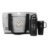 A grey duffle bag with black straps, a black drink bottle, and a black travel mug, featuring logos.