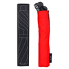 A red compact umbrella with a black carrying case, featuring a logo and a slim packaging box.