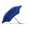 A blue BLUNT Classic Umbrella featuring a unique, aerodynamic shape and a sturdy black handle.
