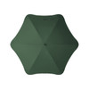 A green umbrella with a streamlined design, featuring a central button and a minimalist look. It has a logo on it.