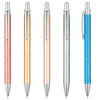 A selection of five Rocket aluminium pens in pink, gold, silver, blue, and a rose tone, each with a sleek design and clip.