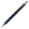 A blue aluminium pen with a silver clip and tip, featuring a textured grip and a logo.
