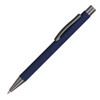 A navy blue aluminum pen with a silver clip, featuring a sleek, minimalist design. It has a logo on the body.