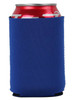 A drink can is wrapped in a blue neoprene stubby holder, featuring a logo.