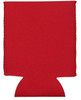 A red neoprene stubby holder with an indentation at the base and a logo on the front.