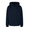 A navy blue hoodie with a large front pocket and drawstring hood, featuring a branding logo.