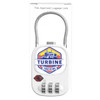 A white TSA-approved luggage lock with a silver shackle and a logo, featuring a four-digit combination dial.