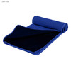A dark blue cooling towel, rolled and featuring a textured surface on one side and a smooth finish on the other.