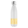 A drink bottle with a sleek frosted white body and a bamboo panel, featuring a silver lid and logo.
