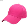A rose pink cotton sandwich cap with a curved brim and a logo on the side.