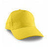 A yellow cap with a curved brim and structured crown, featuring a logo on the front.