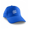 A blue cap with a curved brim, featuring a logo on the front.