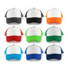 A collection of ten trucker caps featuring a white front and various coloured mesh backs in grey, black, orange, red, green, blue, and navy.