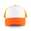A five-panel trucker cap featuring a white front and orange mesh sides and brim, complete with a logo.