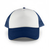 A white and navy blue 5 panel trucker mesh cap featuring a structured front and mesh sides.