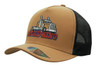 A tan trucker cap featuring a detailed graphic of a truck and a logo, complemented by a black mesh back.