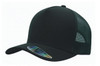 A black deep fit trucker cap with a solid front and mesh back, featuring a logo on the side.