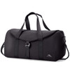 A black duffel bag with adjustable straps, a flap closure, and a logo on the side.