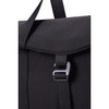 A black duffel bag with a textured finish and a clasp closure, featuring a strap for carrying.