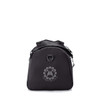 A black duffle bag with a rounded top and a logo feature. Includes a handle and shoulder strap.