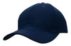 A navy cotton twill cap with a buckle and a stitched brim, featuring a logo on the front.