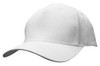 A white cotton twill cap with a buckle closure and a curved brim, featuring a logo.