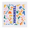 A square ceramic coaster featuring a vibrant, abstract design with the word "TEAMWORK" in bold blue.