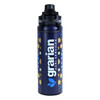 A drink bottle featuring a dark blue design with patterned accents and a logo. It has a flip-top lid.