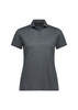 A women's short sleeve polo in a dark grey shade, featuring a collared neckline and button placket. It has a logo.