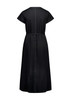 A black midi dress featuring short sleeves, a fitted waist, and a simple back design with a belt.