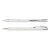 A metal pen set in white with silver accents, featuring a sleek design and a clip. Logo present on the pen.