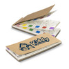 A bookmark pad featuring a brown cover with a logo, and filled with colourful, blank, illustrated pages.