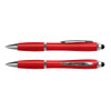 A red stylus pen set featuring a sleek design with chrome accents and a branding logo.