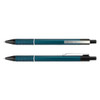 A metal pen featuring a teal body with a textured grip and black accents. It has a silver clip and branding.