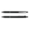 A black metal pen featuring a textured grip and a pocket clip, with a sleek design and silver detailing.