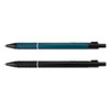 Two metal pens are displayed: one in teal with a textured grip and one in sleek black, both featuring clips and branding.
