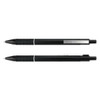 A black metal pen with a textured grip and silver accents, featuring a clip and a sleek design.