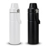 A drink bottle set featuring a white bottle and a black bottle, both with a silver handle and logo.