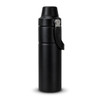 A drink bottle in sleek black with a secure lid and a carrying handle, featuring a logo.