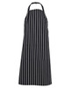 A striped black and white apron with a pocket and adjustable neck strap. It features a logo on the front.