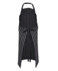 A black and white striped apron featuring a tie waist and adjustable neck strap, with a logo present.