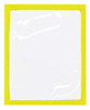 A transparent plastic pocket with a bright yellow border, suitable for holding documents.