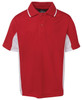 A red polo shirt with white side panels and a collar, featuring a branding logo.