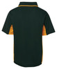 A green and gold polo shirt with a collared neck and short sleeves, featuring a logo on the front.